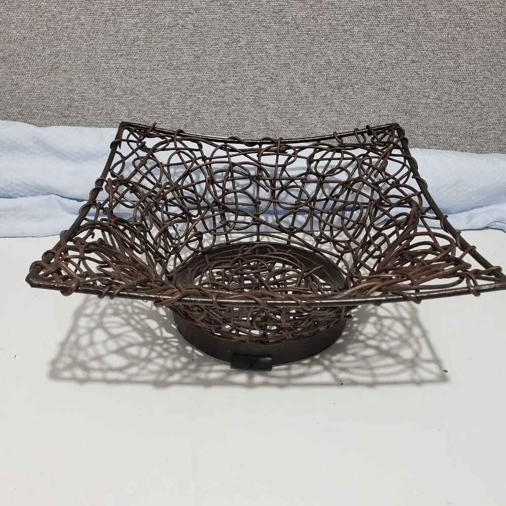 Brown Square Woven Bentwood Vine Branch Basket Over Metal Frame 11